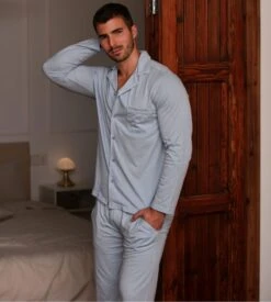 HOM Rafael Light Blue Long Pajama Set - Elegant Cotton & Modal Button-Down Sleepwear -Lingerie Sipp rafael pyj entbout uni 3596 light blue 5