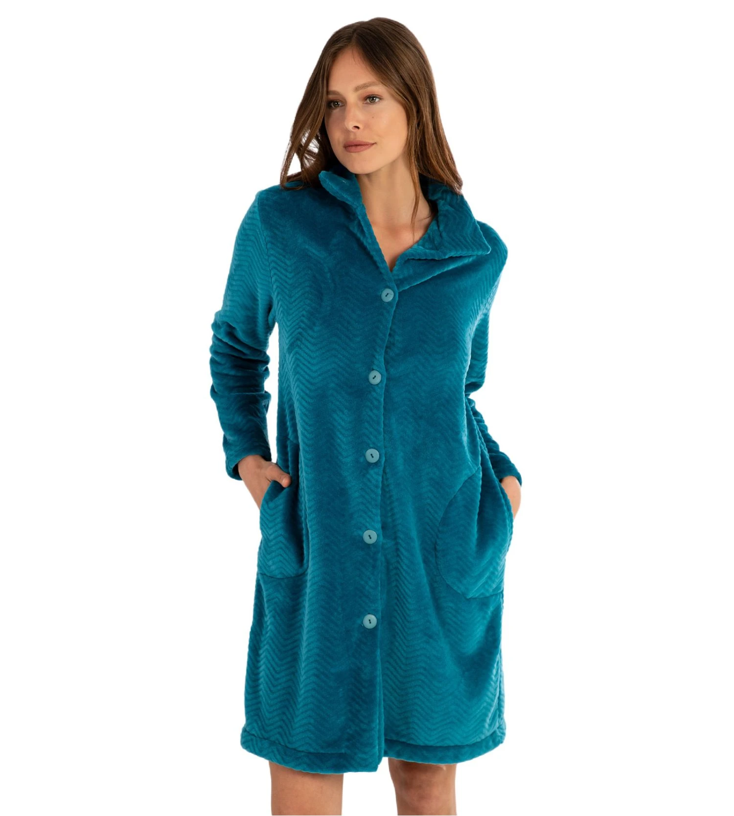 Robe De Chambre Boutonnée En Pilou Uni Bleu 4 Robe De Chambre Boutonnée En Pilou Uni Bleu – Image 2