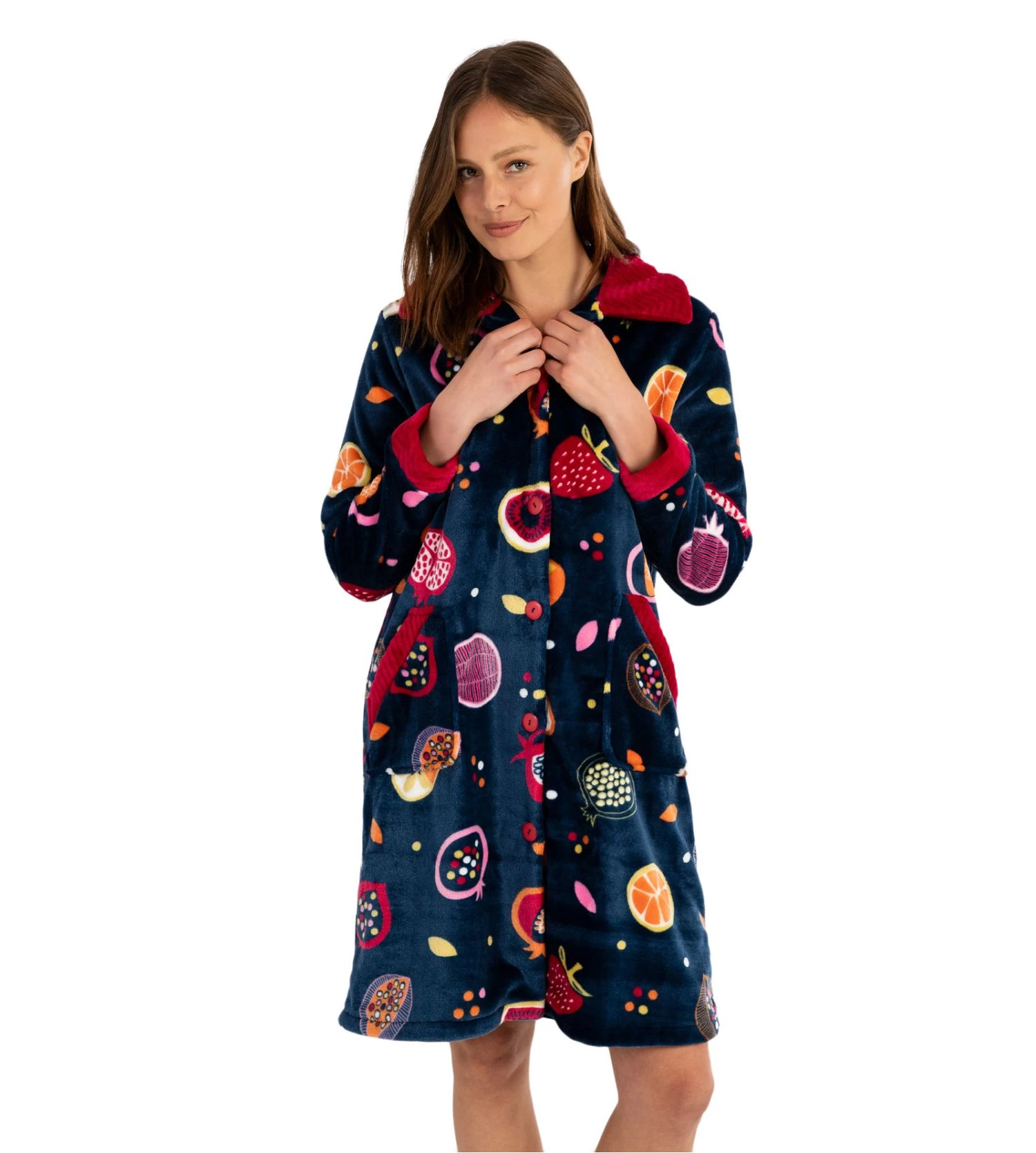 Robe De Chambre Femme En Pilou Imprimé Fruits Bleu Marine 4 Robe De Chambre Femme En Pilou Imprimé Fruits Bleu Marine – Image 2