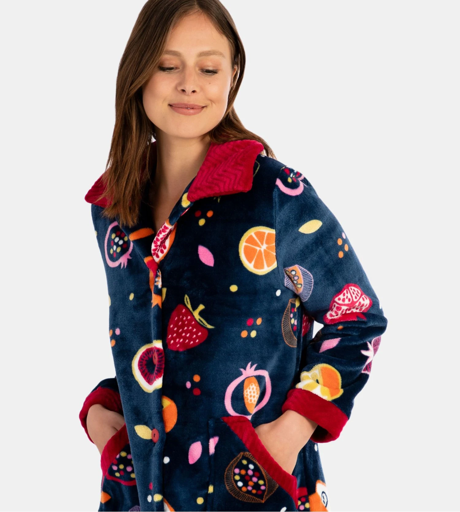 Robe De Chambre Femme En Pilou Imprimé Fruits Bleu Marine 5 Robe De Chambre Femme En Pilou Imprimé Fruits Bleu Marine – Image 3