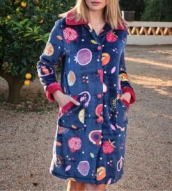 Robe De Chambre Femme En Pilou Imprimé Fruits Bleu Marine