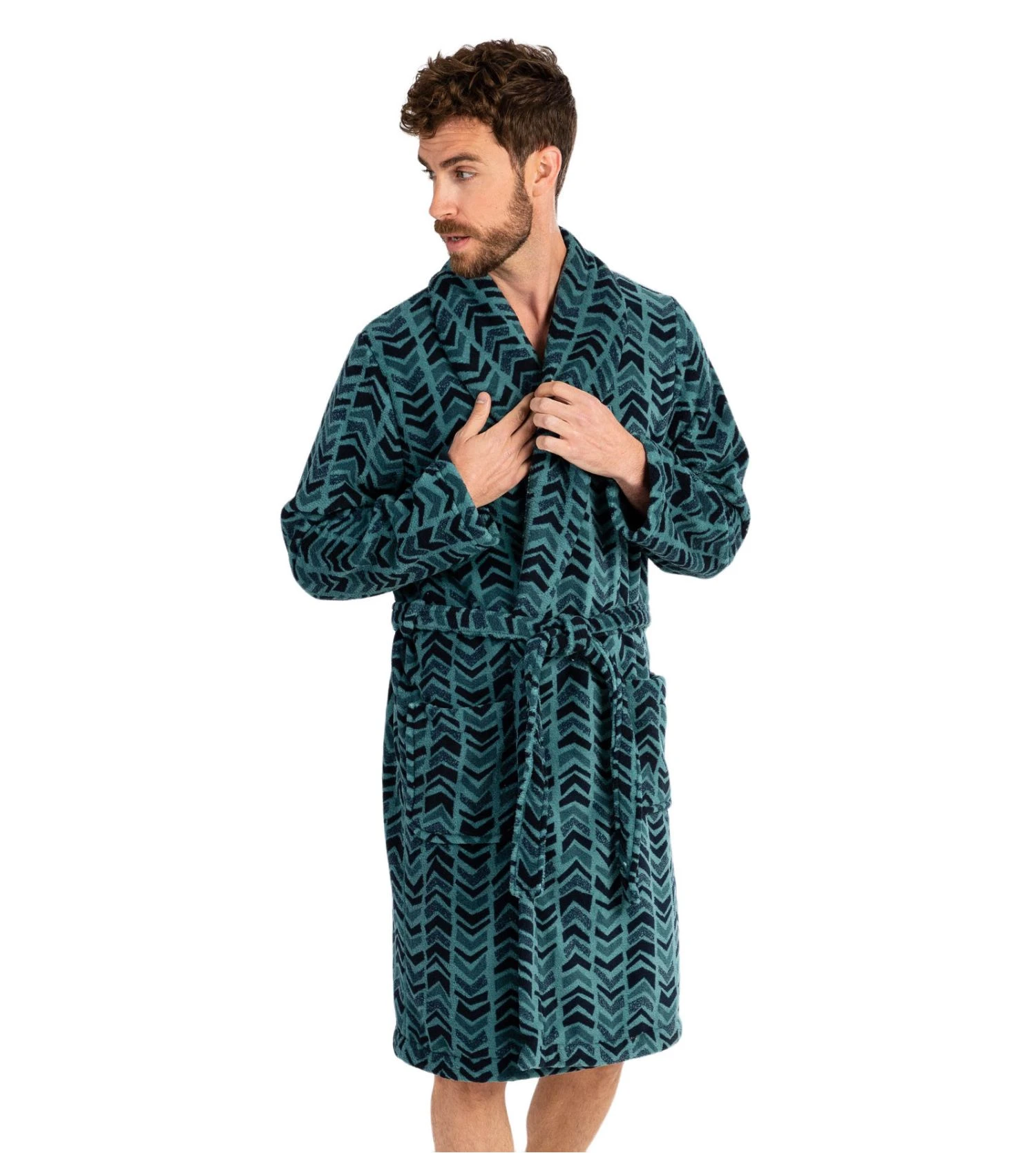 Robe De Chambre Homme En Pilou Imprimé Vert 4 Robe De Chambre Homme En Pilou Imprimé Vert – Image 2