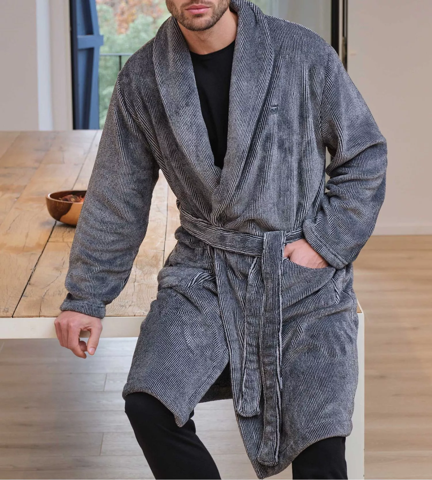 Robe De Chambre Homme En Pilou Rayé Noir 3 Robe De Chambre Homme En Pilou Rayé Noir