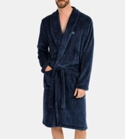 Robe De Chambre Homme En Pilou Uni Bleu Encre