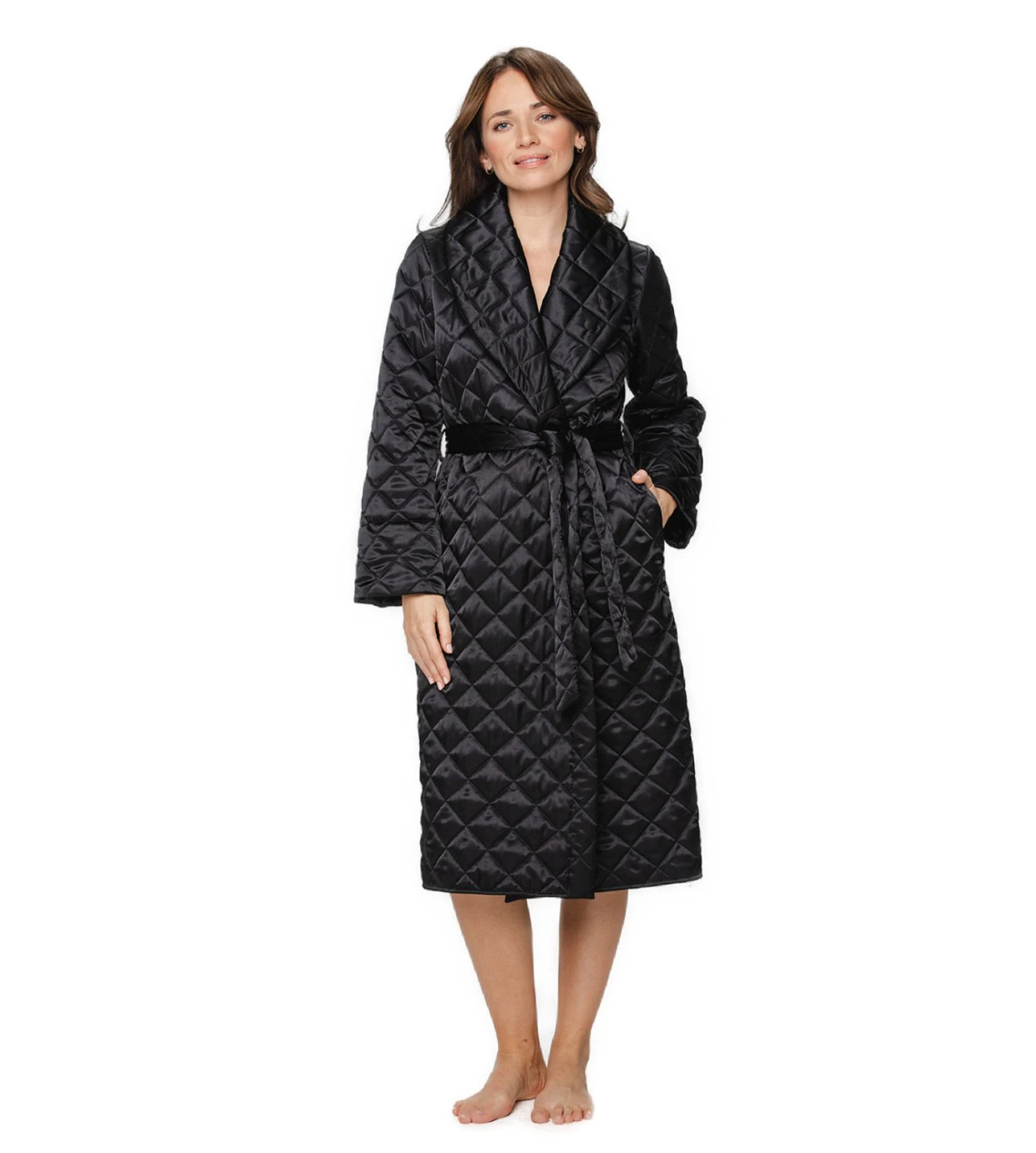 Coemi Déshabillé Matelassé en Satin Noir – Kimono Long de Luxe Rima 4 Coemi Déshabillé Matelassé en Satin Noir – Kimono Long de Luxe Rima – Image 2