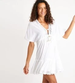 Banana Moon Robe Courte de Plage Blanche Avelle Seatime - Détails Crochet et Pompons -Lingerie Sipp robe blanche crochet manches courtes 5