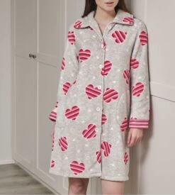 Robe De Chambre Pilou Grise Avec Coeurs Rayés Rouges