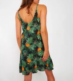 Banana Moon Pirae Greenery Day Noir - Robe Courte Effet Lin Imprimé Feuillage et Ananas -Lingerie Sipp robe effet lin pirae greenery day noir kbb01 2