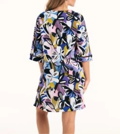 Anita Sedona - Robe Légère Noire en Lin et Viscose à Imprimé Floral - Manches 3/4 -Lingerie Sipp robe legere en lin et viscose imprime noir 3