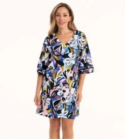 Anita Sedona - Robe Légère Noire en Lin et Viscose à Imprimé Floral - Manches 3/4 -Lingerie Sipp robe legere en lin et viscose imprime noir 4