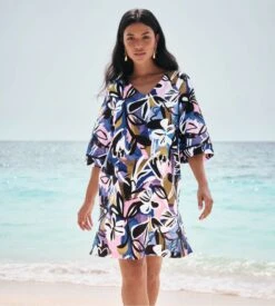 Anita Sedona - Robe Légère Noire en Lin et Viscose à Imprimé Floral - Manches 3/4 -Lingerie Sipp robe legere en lin et viscose imprime noir 5