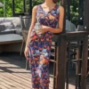 Robe Longue de Plage Massana Orange Imprimée – Style Bohème Sans Manches avec Fentes Latérales