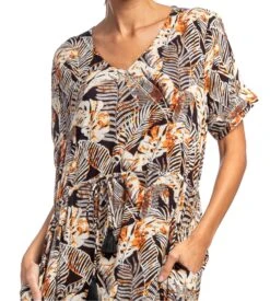 Robe Longue Egatex Imprimé Jungle Noir et Marron – Viscose Fluide à Manches Courtes -Lingerie Sipp robe mc longue imp jungle 99 noir marron 2