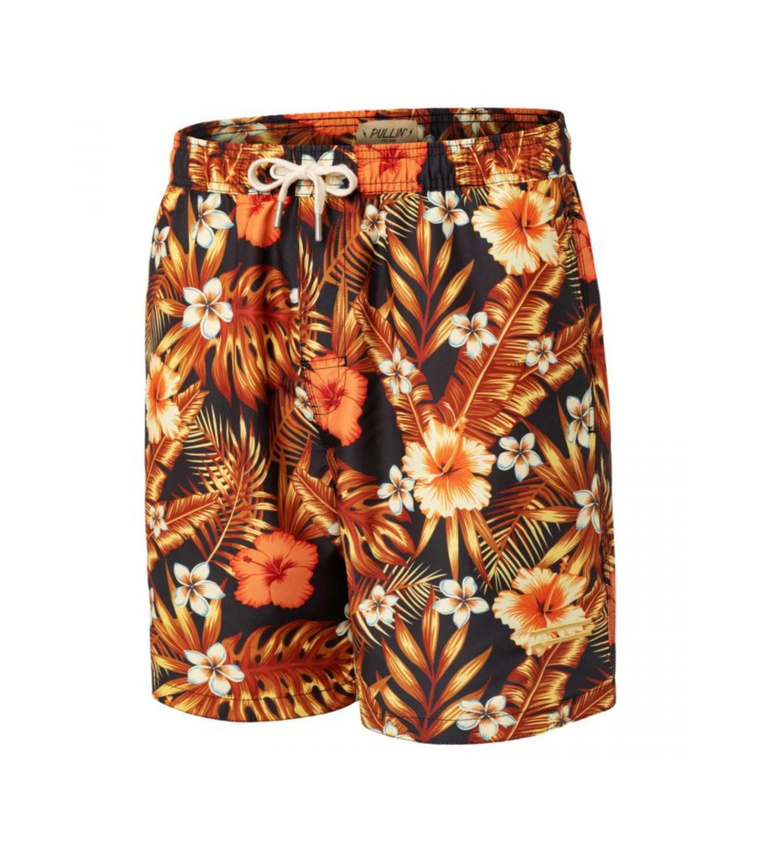 PULLIN Pako Palm Tropical Print – Gold Surfboard Embroidery Peach-Skin Swim Shorts 3 PULLIN Pako Palm Tropical Print – Gold Surfboard Embroidery Peach-Skin Swim Shorts