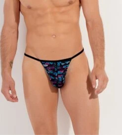 String Homme HOM Rock Noir – Imprimé Microfibre Effet Seconde Peau avec Strass