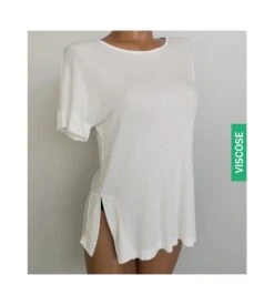 Señoretta Blanc Viscose Côtelée – Maille Fine T-shirt de Nuit Manches Courtes