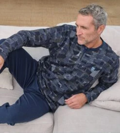 Pyjama Homme Polaire Col Tunisien Bleu