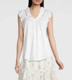 Oscalito Blanc – Top Sans Manches en Coton Jersey avec Broderie Macramé et Épaules Volantées -Lingerie Sipp top en coton jersey macrame blanc 3