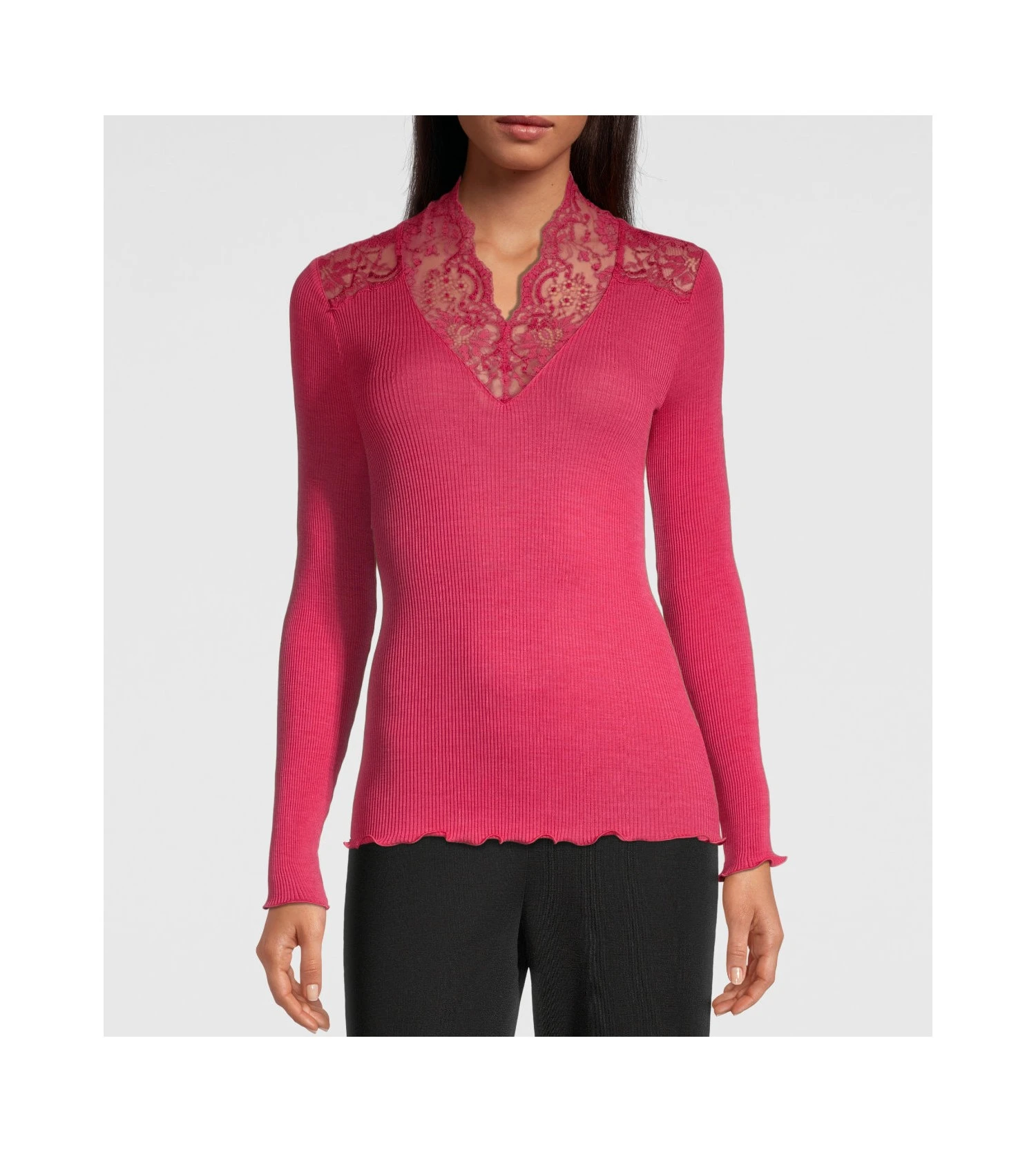 Oscalito Top Laine & Soie Fushia - Col Dentelle de Calais Leavers & Maille Fine Côtelée 6 Oscalito Top Laine & Soie Fushia - Col Dentelle de Calais Leavers & Maille Fine Côtelée – Image 4
