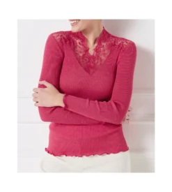 Top En Laine & Soie à Col Dentelle Fushia