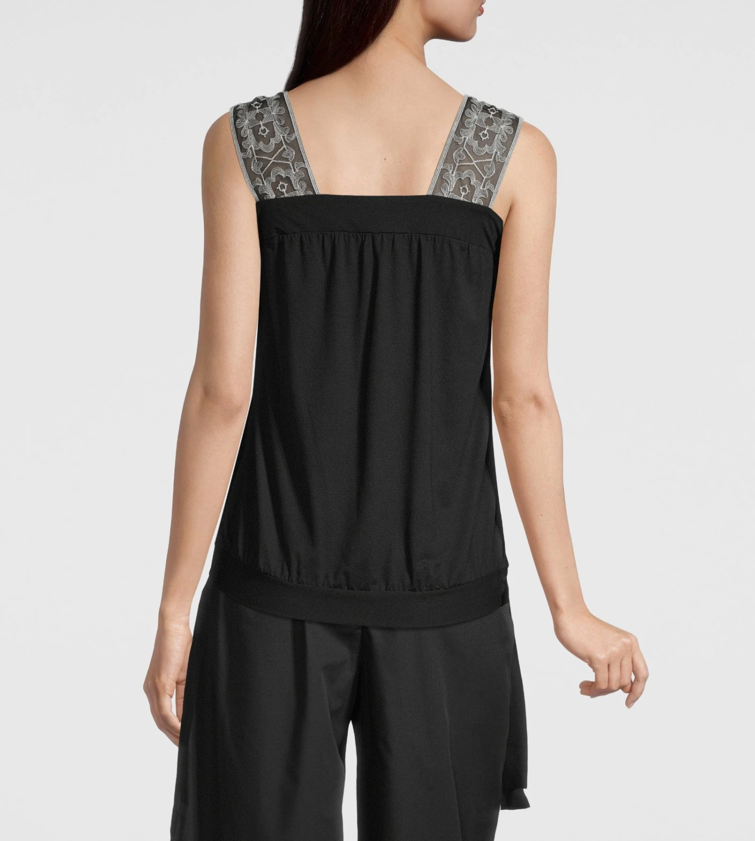 Oscalito Top Sans Manches Noir en Modal et Tulle Brodé Liberty avec Rubans 7 Oscalito Top Sans Manches Noir en Modal et Tulle Brodé Liberty avec Rubans – Image 5