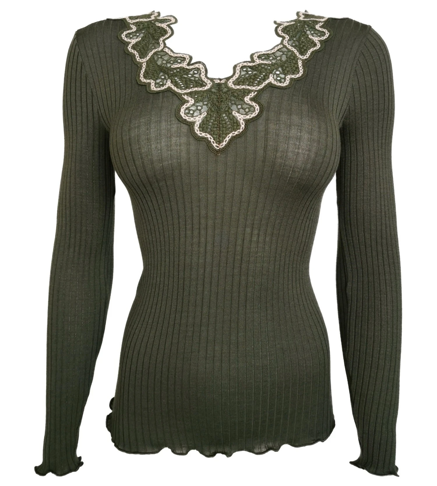 Oscalito Top Laine et Soie Vert Bosco – Pull Fin Col et Ourlet Brodés Feuillage 3 Oscalito Top Laine et Soie Vert Bosco – Pull Fin Col et Ourlet Brodés Feuillage