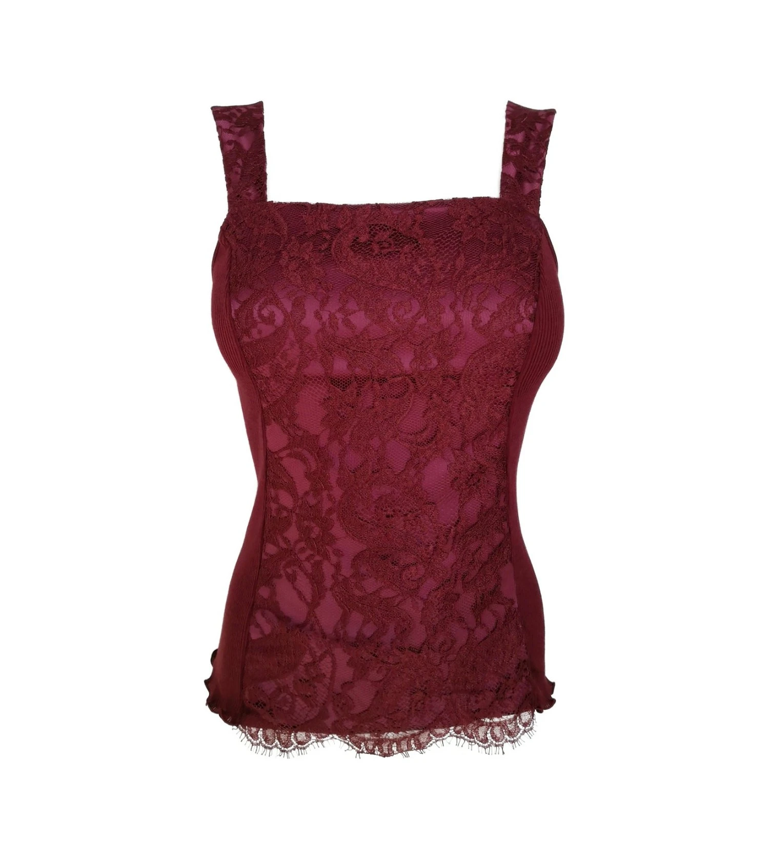 Oscalito Bordeaux Wool & Silk Tank Top – Chantilly Lace Leavers Wide Strap Ribbed Knit 4 Oscalito Bordeaux Wool & Silk Tank Top – Chantilly Lace Leavers Wide Strap Ribbed Knit – Image 2