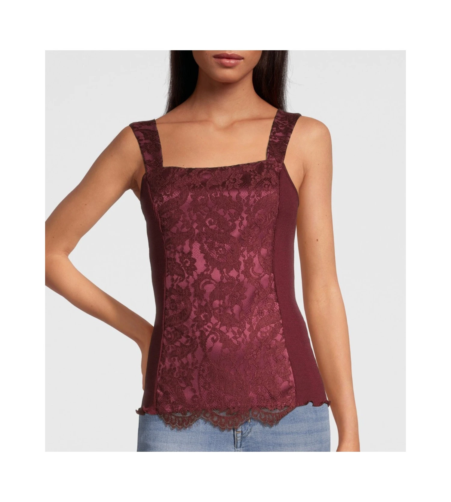 Oscalito Bordeaux Wool & Silk Tank Top – Chantilly Lace Leavers Wide Strap Ribbed Knit 5 Oscalito Bordeaux Wool & Silk Tank Top – Chantilly Lace Leavers Wide Strap Ribbed Knit – Image 3