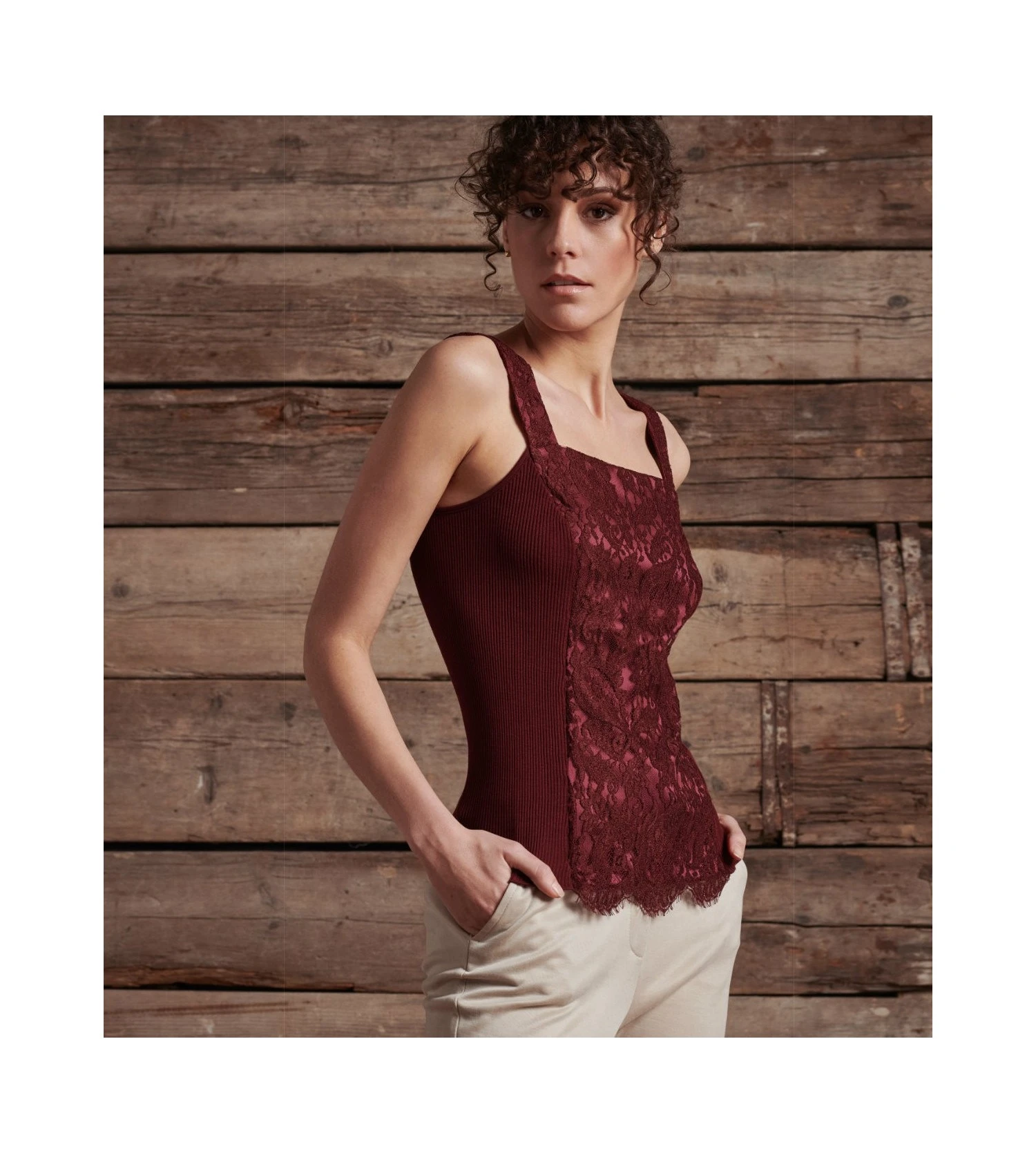 Oscalito Bordeaux Wool & Silk Tank Top – Chantilly Lace Leavers Wide Strap Ribbed Knit 7 Oscalito Bordeaux Wool & Silk Tank Top – Chantilly Lace Leavers Wide Strap Ribbed Knit – Image 5