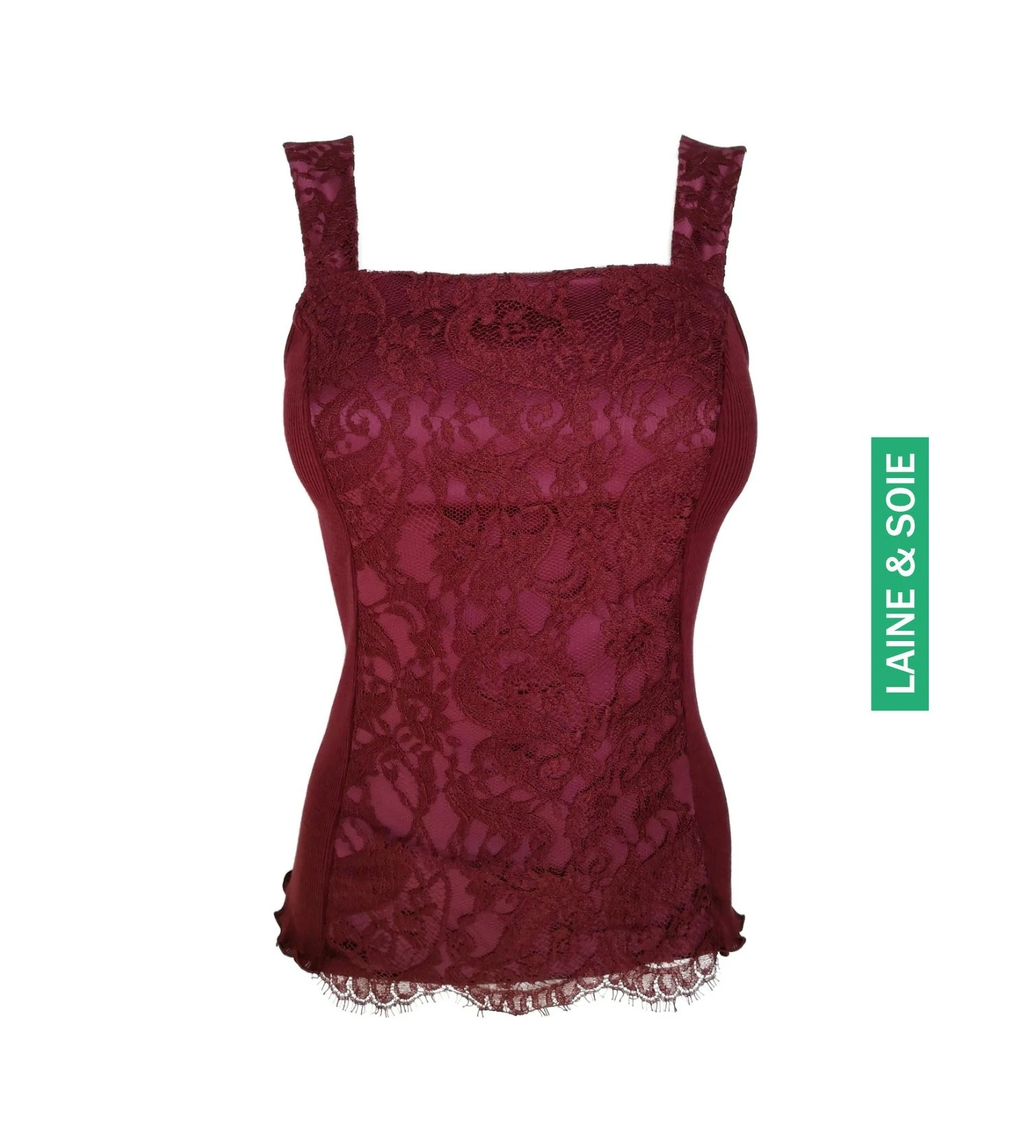 Oscalito Bordeaux Wool & Silk Tank Top – Chantilly Lace Leavers Wide Strap Ribbed Knit 8 Oscalito Bordeaux Wool & Silk Tank Top – Chantilly Lace Leavers Wide Strap Ribbed Knit – Image 6