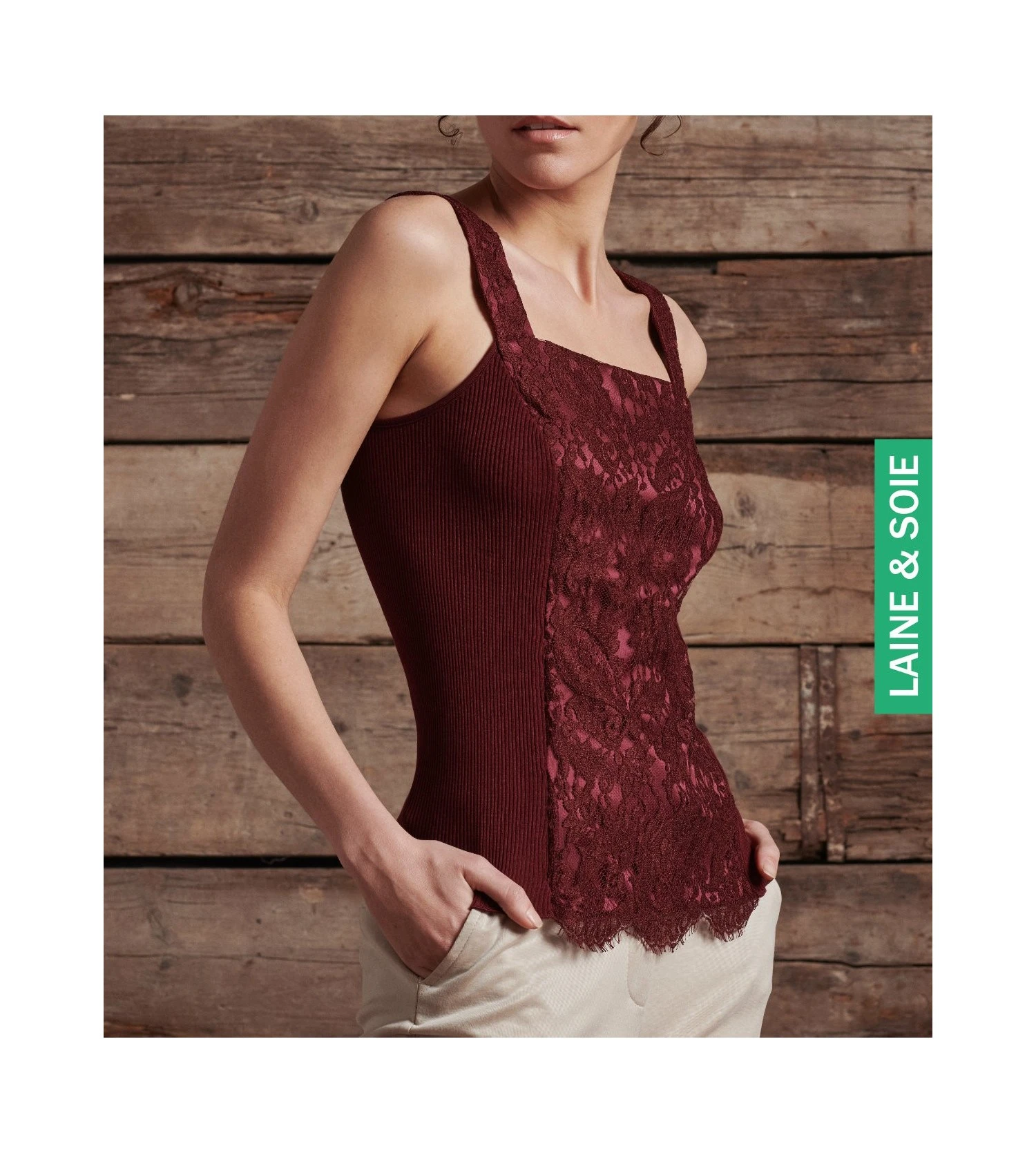 Oscalito Bordeaux Wool & Silk Tank Top – Chantilly Lace Leavers Wide Strap Ribbed Knit 3 Oscalito Bordeaux Wool & Silk Tank Top – Chantilly Lace Leavers Wide Strap Ribbed Knit