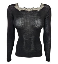 Top Noir En Laine Et Soie à Col Brodé