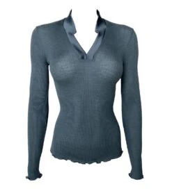 Pull Bleu Laine & Soie Col En V Satiné Sucre