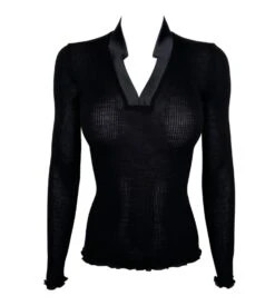 Pull Noir Laine & Soie Col En V Satiné