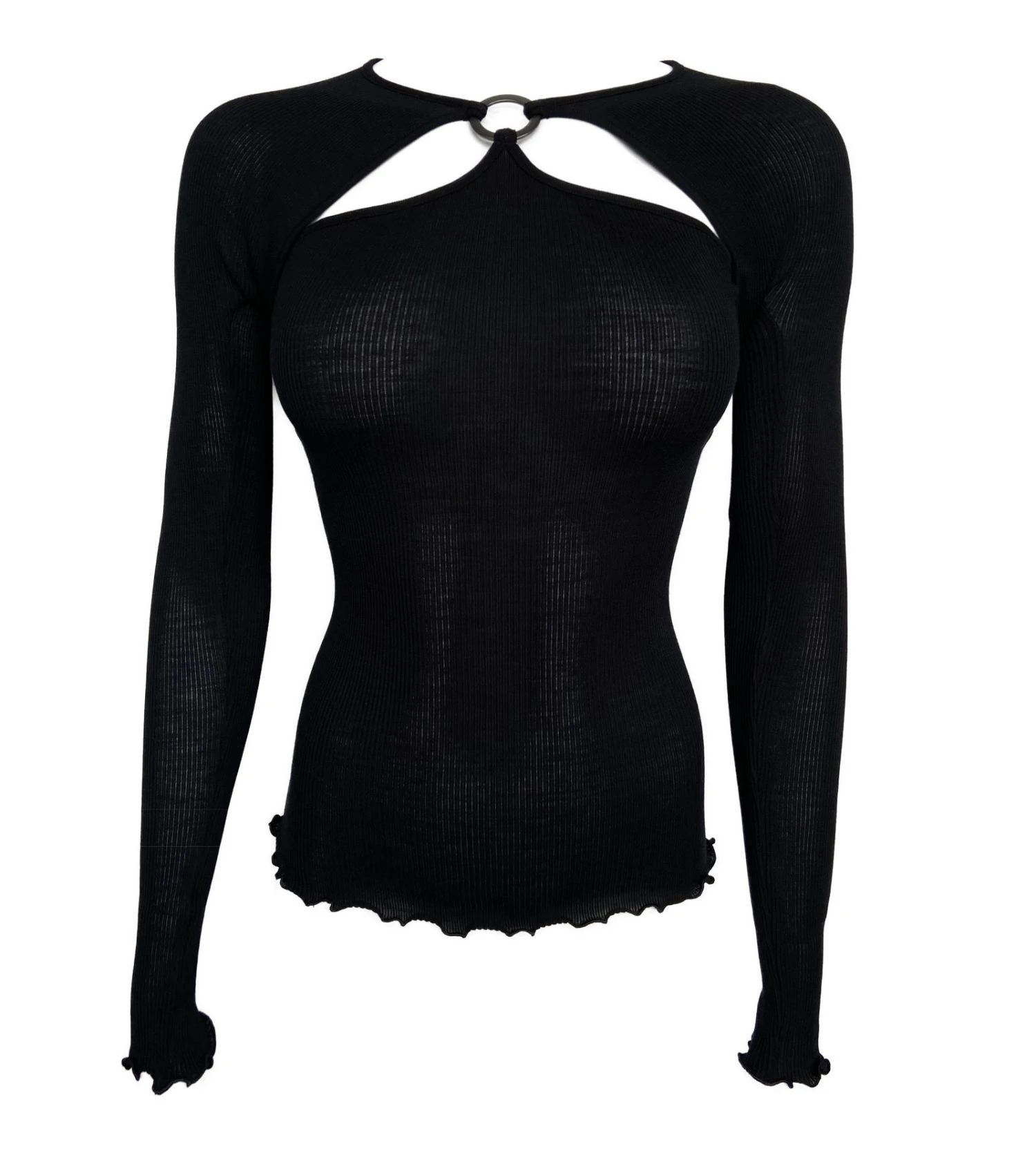 Top Oscalito Noir en Laine & Soie – Manches Longues avec Anneau Décolleté 4 Top Oscalito Noir en Laine & Soie – Manches Longues avec Anneau Décolleté – Image 2