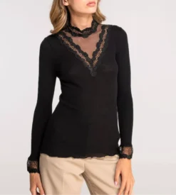 Pull Laine & Soie Col En Dentelle Et Tulle Noir