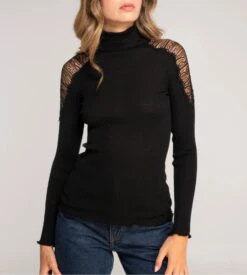 Pull Laine & Soie épaules Dentelle Noir