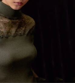 Oscalito Bosco Dark Green Tulle Sleeve Top – Wool & Silk Mock Neck Ribbed Knit -Lingerie Sipp top ml col chemine manches tulle 932 bosco gris 5