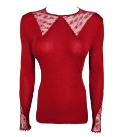 Top à Manches Longues En Tulle Brodé Laine & Soie Rouge