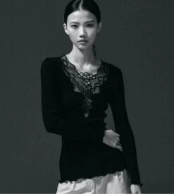 Top Manches Longues Laine & Soie Décolleté Macramé Noir