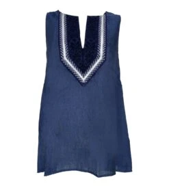 Top En Lin Sans Manches Décolleté Brodé Bleu