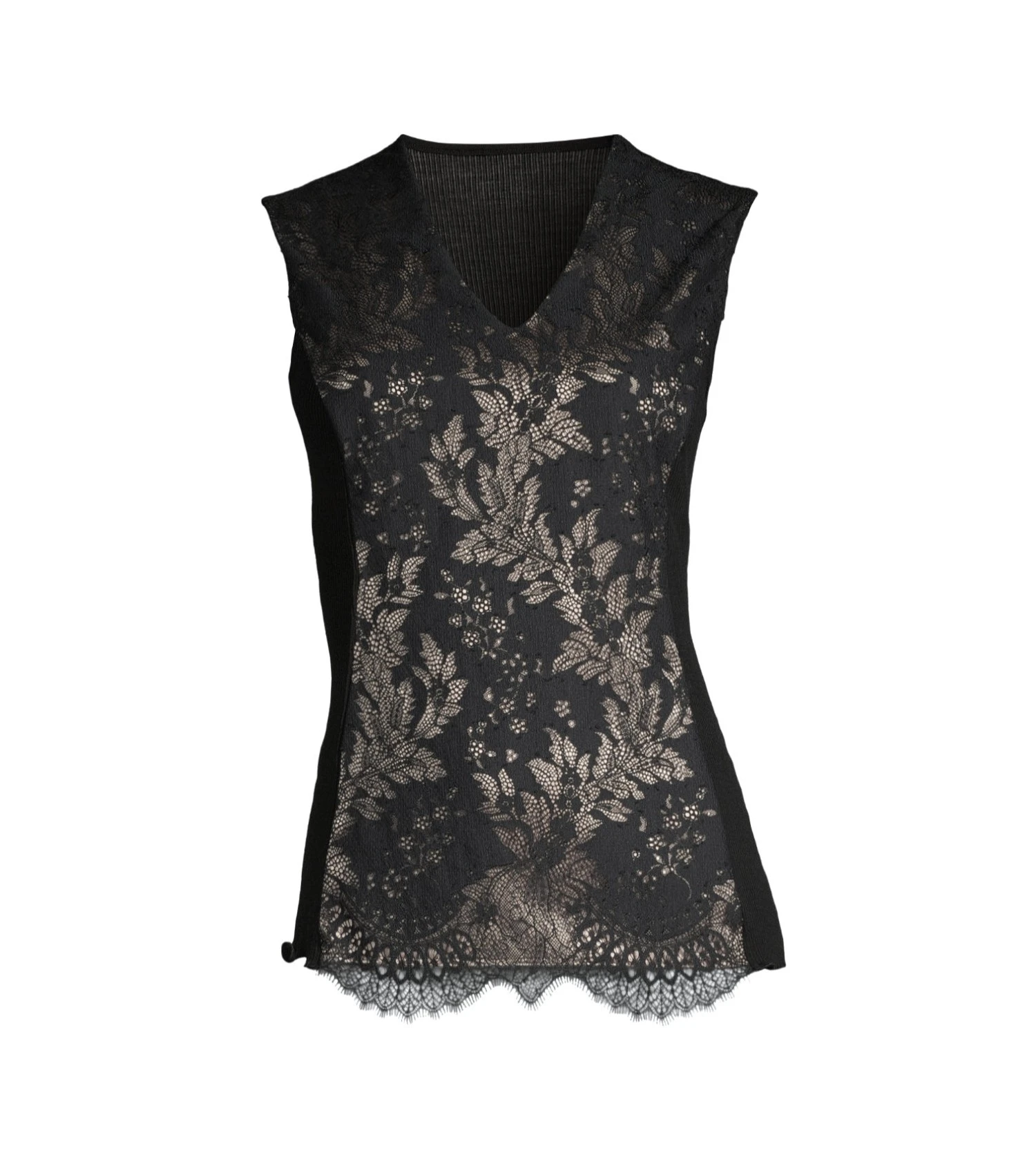 Oscalito Noir en Laine et Soie – Top Col V avec Dentelle Laize Sans Manches 4 Oscalito Noir en Laine et Soie – Top Col V avec Dentelle Laize Sans Manches – Image 2