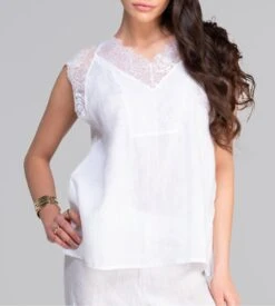 Top Sans Manches En Lin Décolleté Dentelle Blanc
