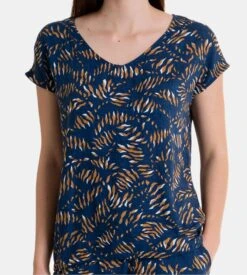 Top Massana Bleu Marine à Imprimé Végétal - T-shirt Femme Col V et Liens de Serrage -Lingerie Sipp top v dame mc pap b11 bleu marin bleu 2