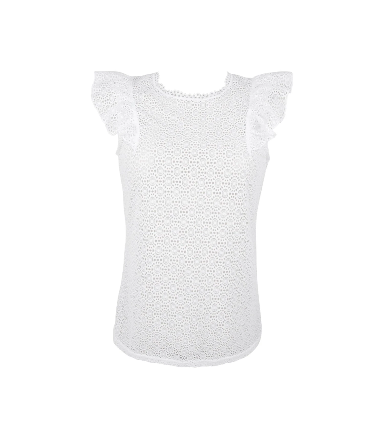 Antigel Destination Futur Blanc – Top Sans Manches Dentelle à Volants Style Rétro-Futuriste 4 Antigel Destination Futur Blanc – Top Sans Manches Dentelle à Volants Style Rétro-Futuriste – Image 2