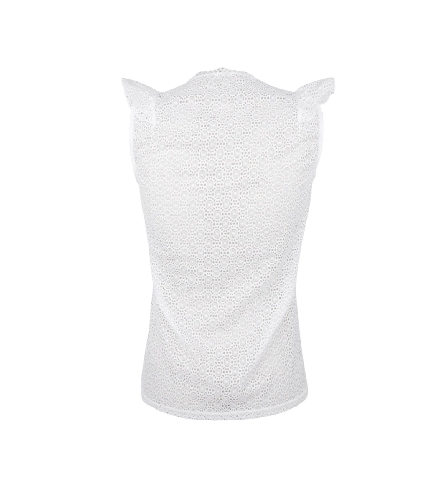 Antigel Destination Futur Blanc – Top Sans Manches Dentelle à Volants Style Rétro-Futuriste 7 Antigel Destination Futur Blanc – Top Sans Manches Dentelle à Volants Style Rétro-Futuriste – Image 5