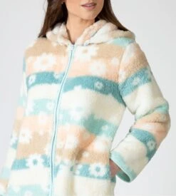 Veste à Capuche Colorée En Fausse Fourrure Imprimé Fleurs -Lingerie Sipp veste a capuche fourree femme bleu 2