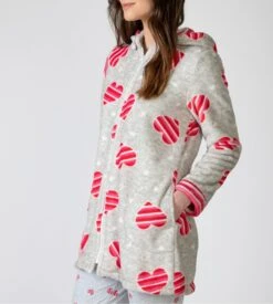 Veste à Capuche Pilou Femme Grise Imprimé Coeurs Rayés Rouges