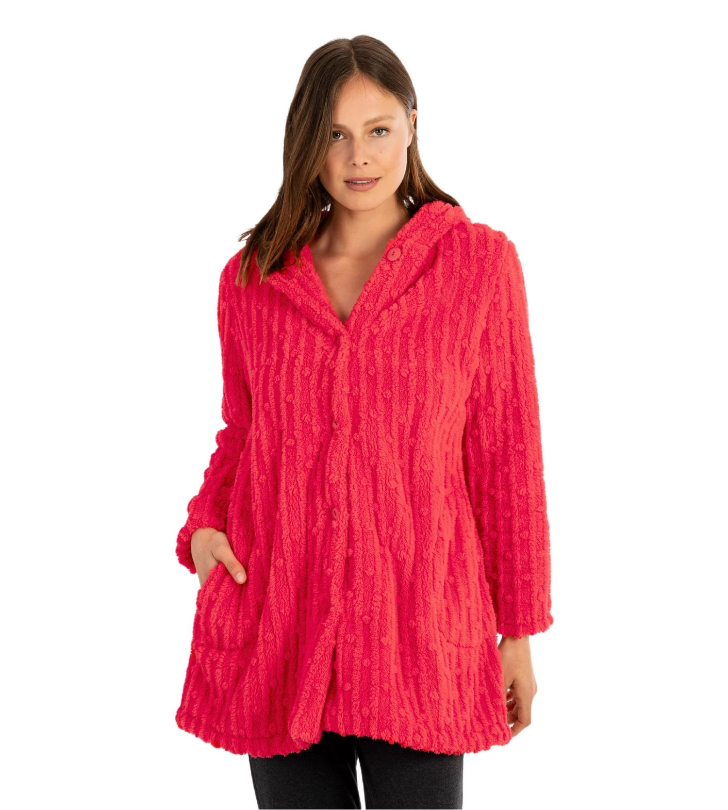 Massana Veste Pilou à Capuche Rouge – Robe de Chambre Courte Polaire Boutonnée 4 Massana Veste Pilou à Capuche Rouge – Robe de Chambre Courte Polaire Boutonnée – Image 2