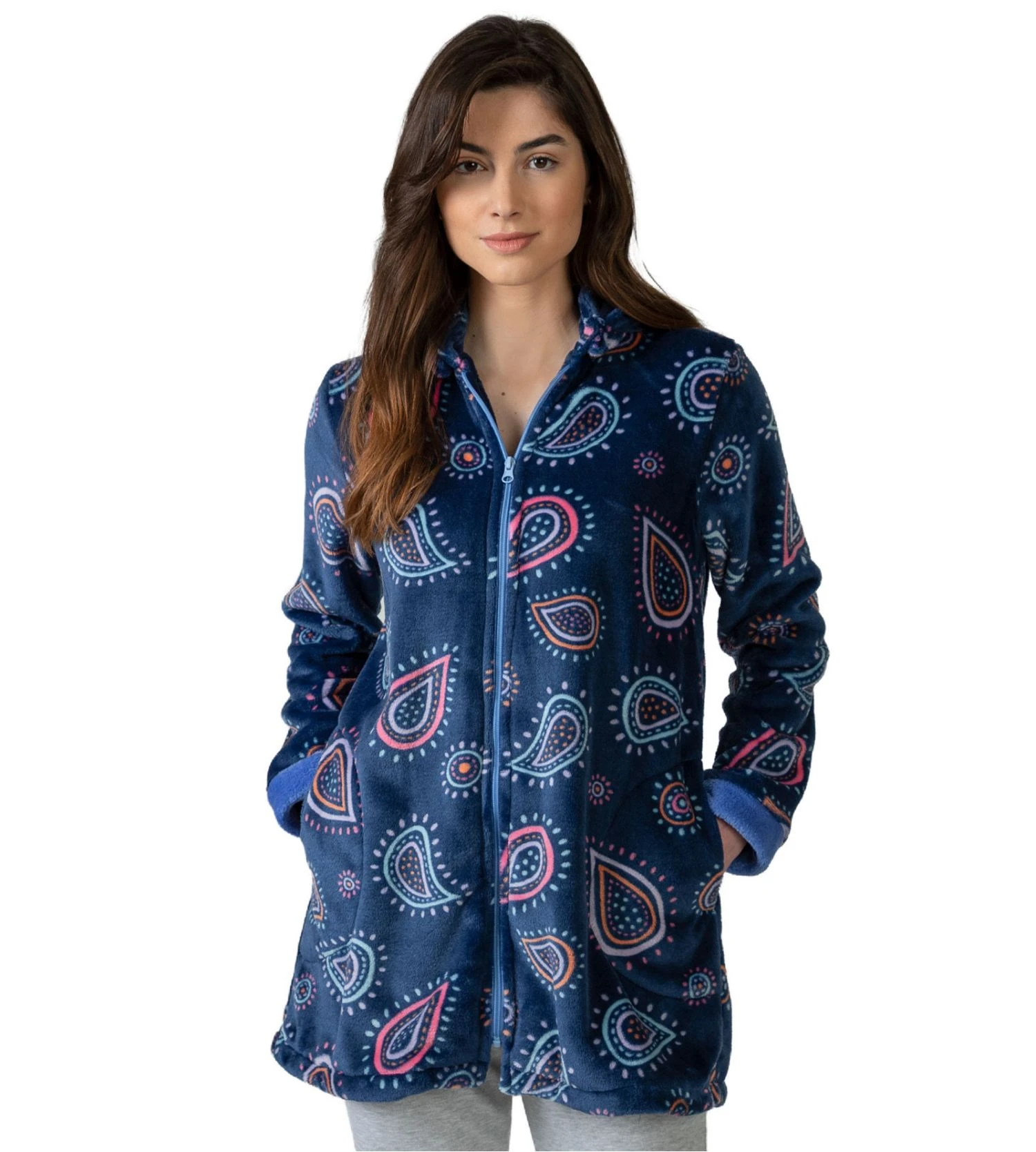 Veste Pilou Bleue à Capuche – Imprimé Fun et Coloré en Molleton Douillet Style Cocooning 4 Veste Pilou Bleue à Capuche – Imprimé Fun et Coloré en Molleton Douillet Style Cocooning – Image 2